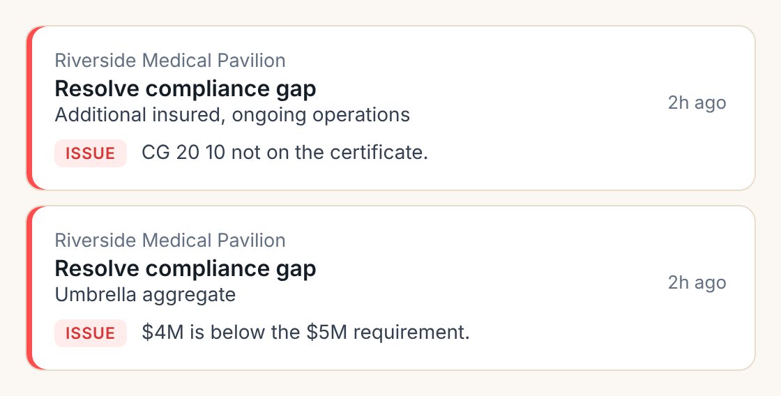 Inbox items flagging a missing additional insured endorsement and an umbrella aggregate below the requirement