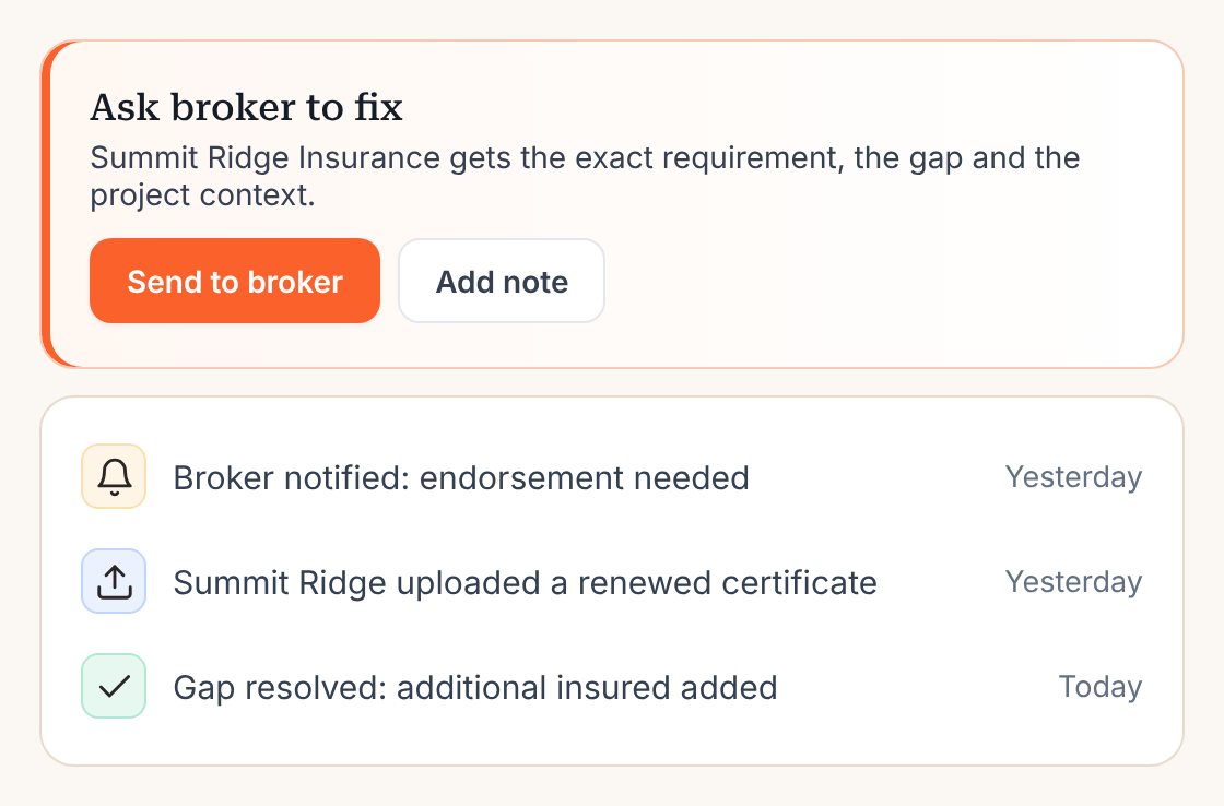 Ask broker to fix panel and activity showing the broker uploading a renewed certificate and the gap resolved