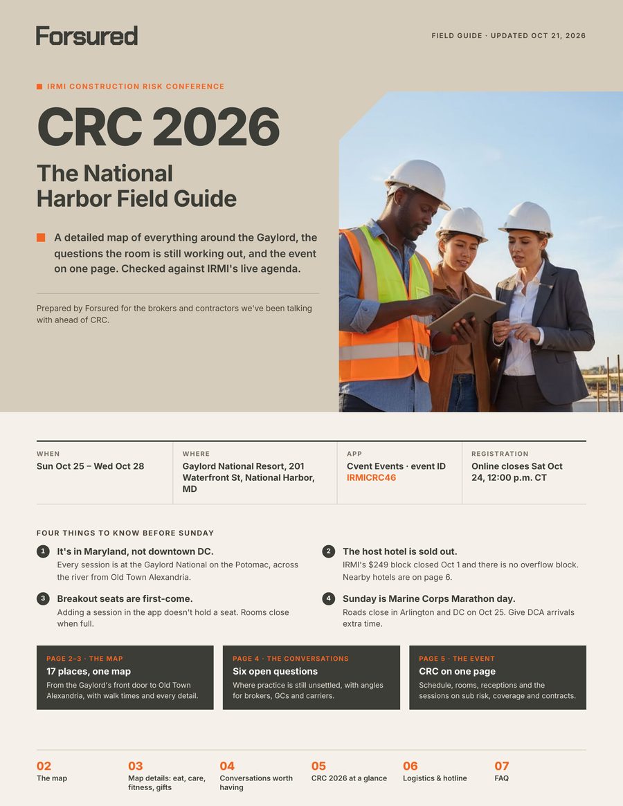 Page 1: CRC 2026: The National Harbor Field Guide cover, with dates, venue, app and four things to know before Sunday