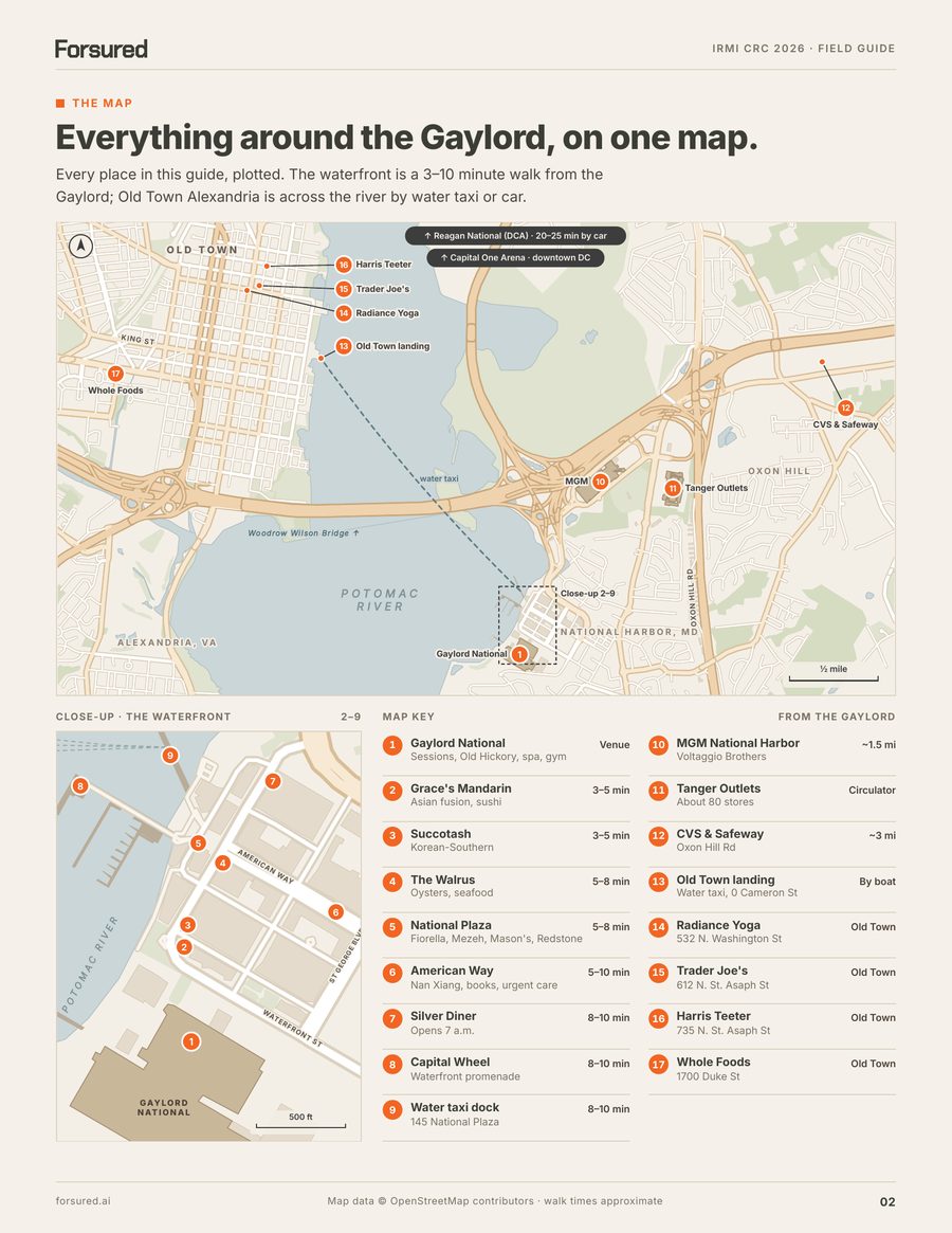 Page 2: Map of 17 places around the Gaylord National, from the waterfront to Old Town Alexandria, with walk times