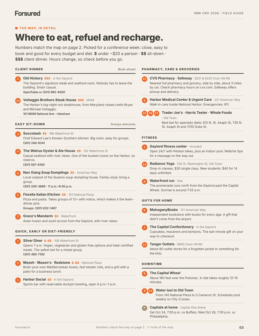 Page 3: Where to eat, refuel and recharge near the Gaylord: client dinners, easy sit-downs, pharmacy and groceries, fitness, gifts and downtime