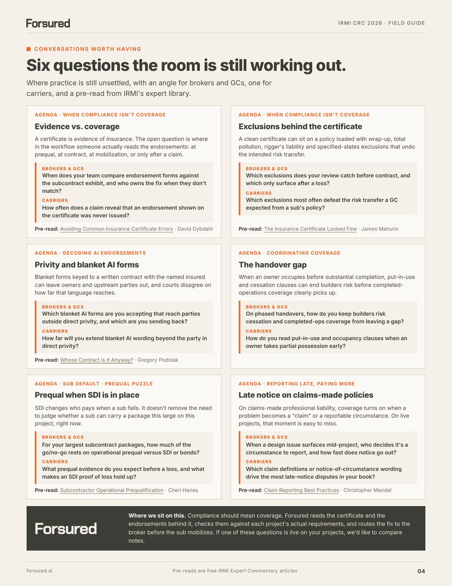 Page 4: Six open questions for CRC 2026, with angles for brokers, GCs and carriers and a pre-read for each