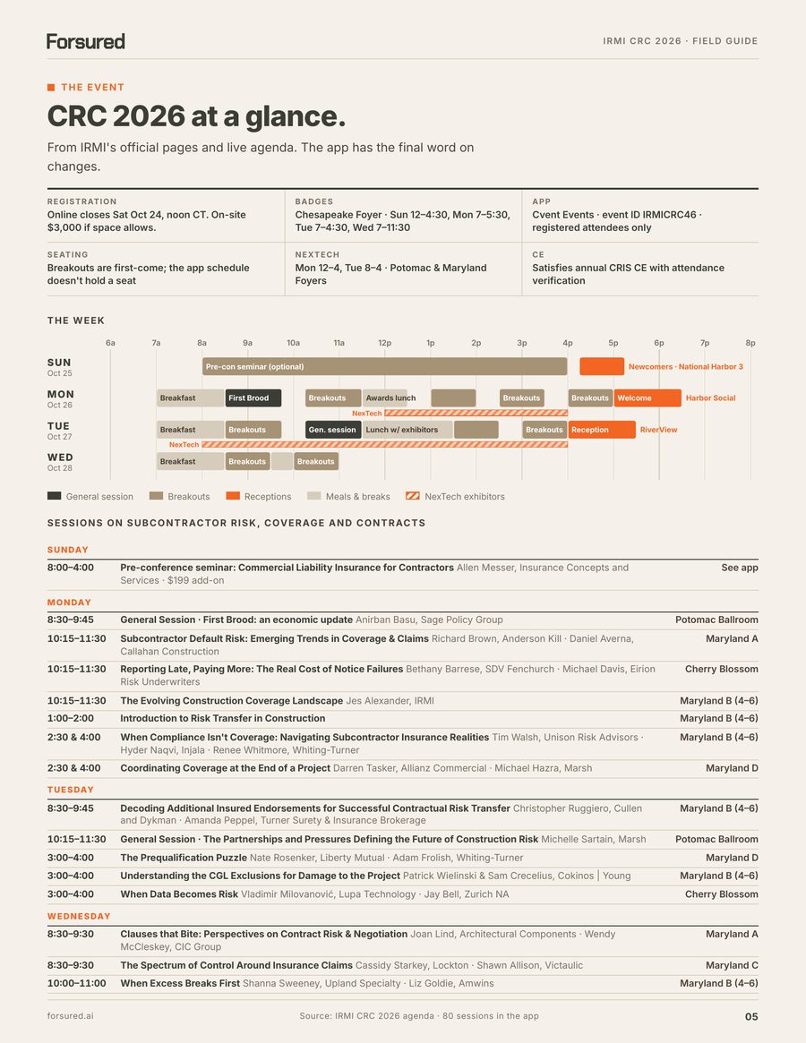 Page 5: The CRC 2026 schedule, rooms, receptions and key sessions on one page