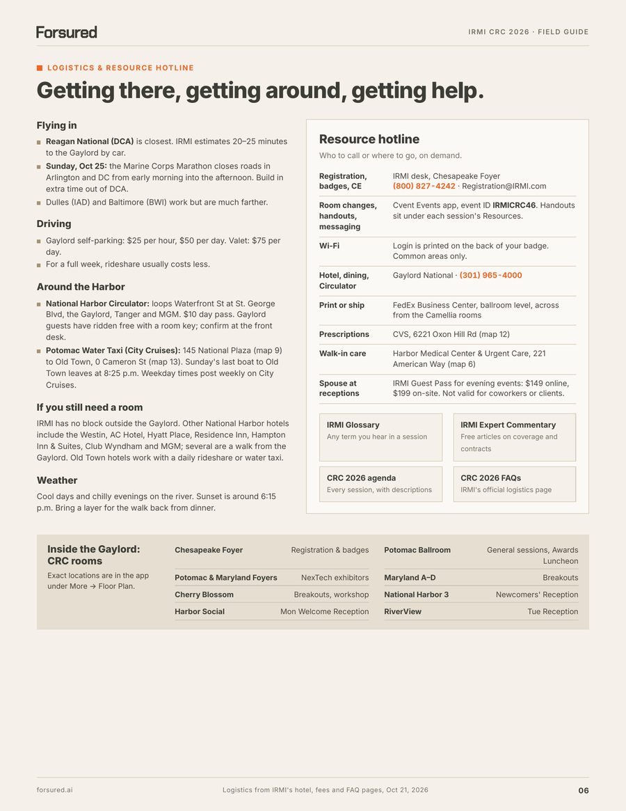 Page 6: Getting there, nearby hotels and a resource hotline for registration, venue and travel questions
