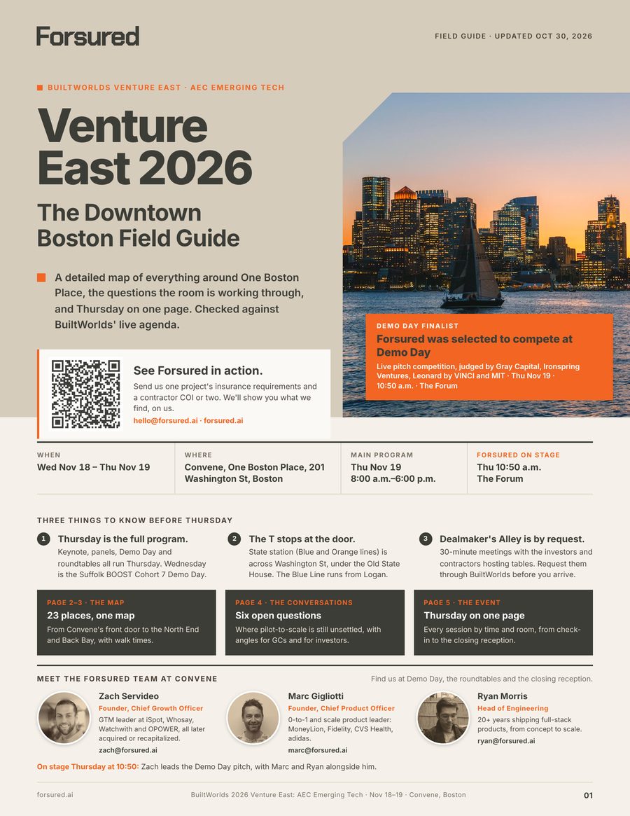 Page 1: Venture East 2026: The Downtown Boston Field Guide cover, with dates, venue, Forsured as a Demo Day finalist, three things to know before Thursday and the Forsured team