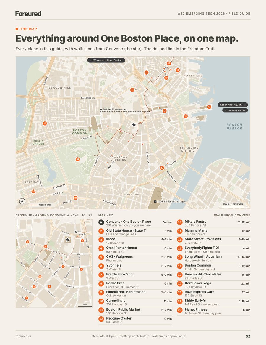 Page 2: Map of 23 places around Convene at One Boston Place, from the North End to Back Bay, with walk times