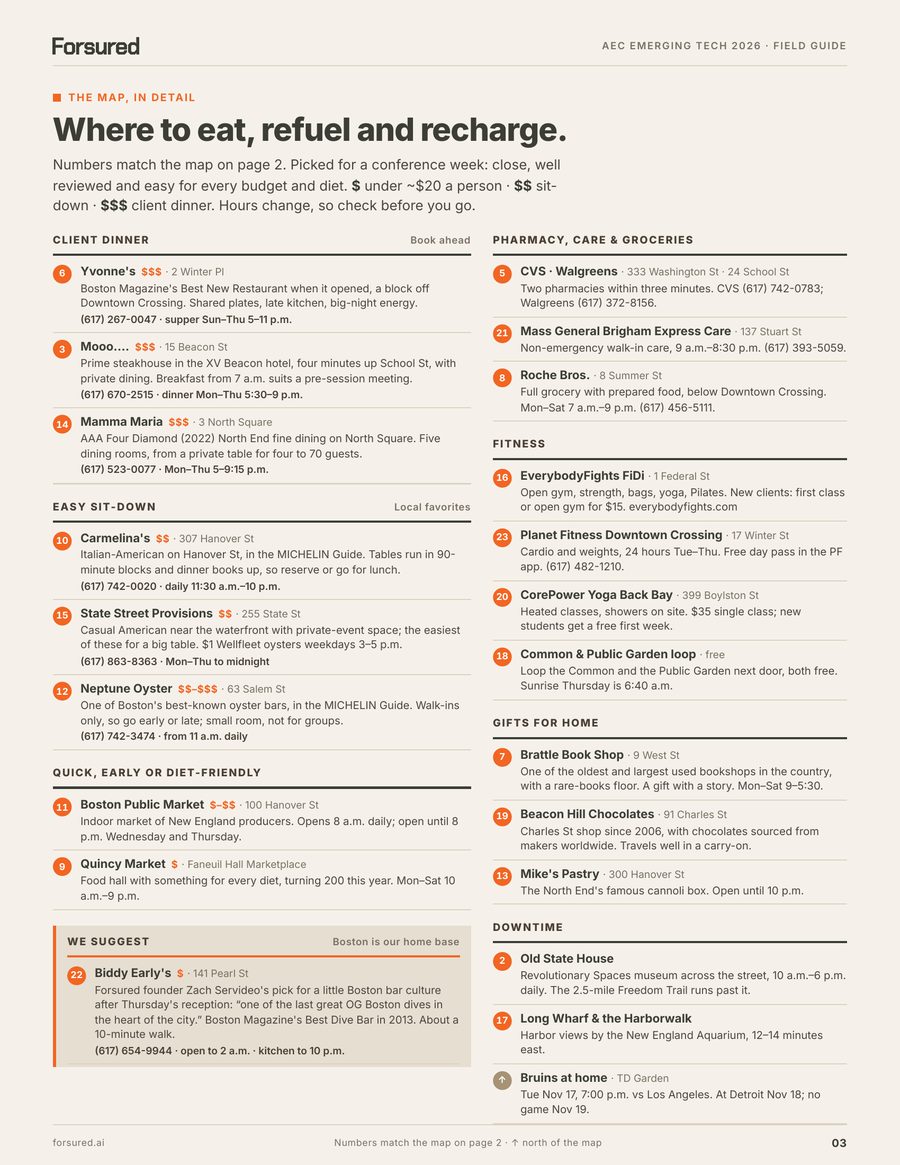 Page 3: Where to eat, refuel and recharge near One Boston Place: client dinners, easy sit-downs, pharmacy and groceries, fitness, gifts and downtime